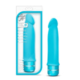 Blush Purity 7.5 Inch Waterproof Vibrator Blue packaging and product display. Lightweight, waterproof, and multi-speed design.