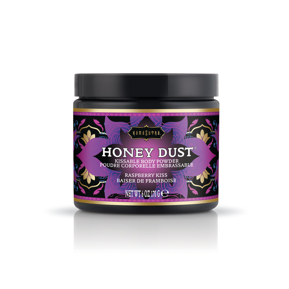 Kama Sutra Honey Dust Raspberry Kiss 6 Oz jar packaging with vibrant design and branding.