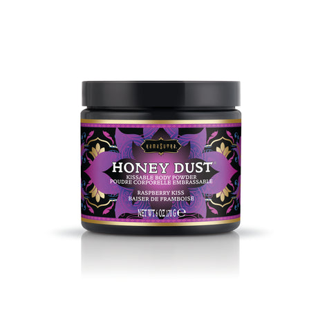 Kama Sutra Honey Dust Raspberry Kiss 6 Oz jar packaging with vibrant design and branding.