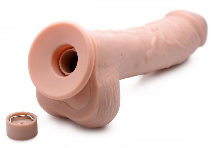 Loadz 8.5 Inch Vibrating Squirting Dildo Beige with realistic design and removable liquid feature.