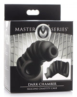 Master Series Dark Chamber Silicone Chastity Cage packaging showcasing the premium silicone design.
