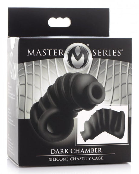 Master Series Dark Chamber Silicone Chastity Cage packaging showcasing the premium silicone design.