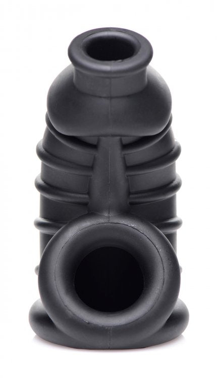 Master Series Dark Chamber Silicone Chastity Cage designed for comfort and secure fit in a sleek black silicone.