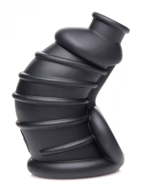 Master Series Dark Chamber Silicone Chastity Cage made of premium silicone, showcasing a flexible and comfortable design.