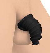 Master Series Dark Chamber Silicone Chastity Cage securely fitting over the body for comfort and support.