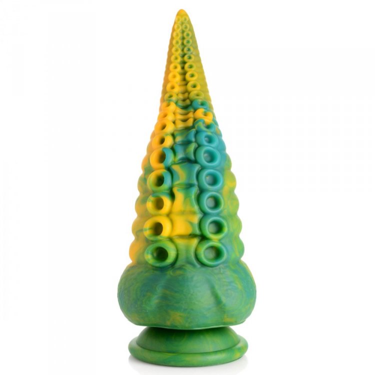 Creature Cocks Monstropus Tentacled Monster Dildo in unique marbled green, yellow, and blue silicone design.