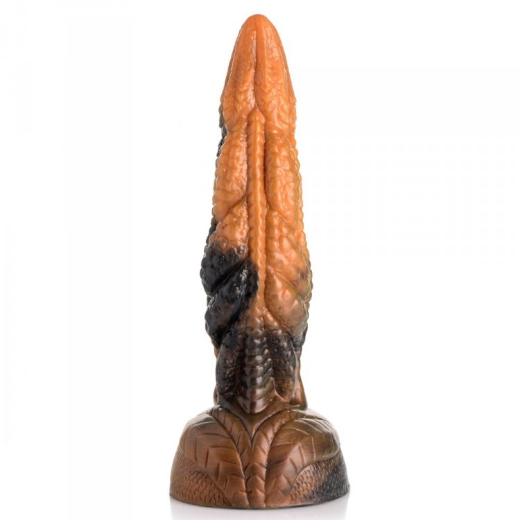 Creature Cocks Ravager Rippled Tentacle Silicone Dildo showcasing unique marbled finish in rust red, brown, and black.