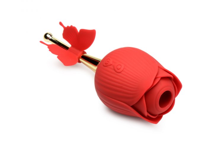 Bloomgasm Flutter Sucking Rose with Butterfly Teaser in vibrant red with gold stem and butterfly design.