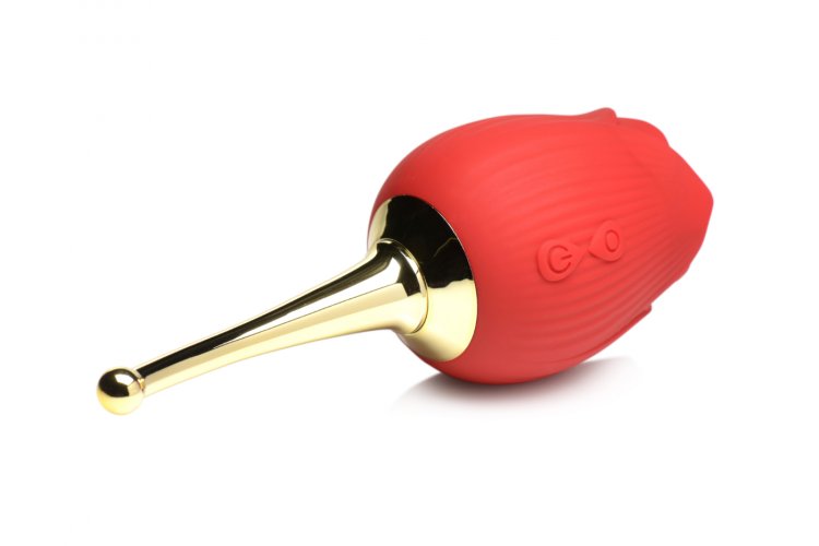 Bloomgasm Flutter Sucking Rose with Butterfly Teaser in vibrant red with golden stem for dual clitoral stimulation.