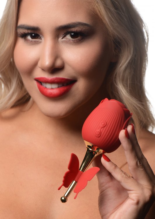 A model holding the Bloomgasm Flutter Sucking Rose with Butterfly Teaser, showcasing its beautiful design.