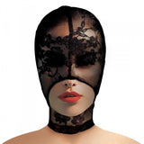 Master Series Lace Seduction Bondage Hood Black on a model's head, showcasing sheer lace design and mouth exposure.