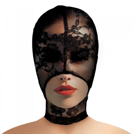 Master Series Lace Seduction Bondage Hood Black on a model's head, showcasing sheer lace design and mouth exposure.