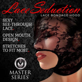 Master Series Lace Seduction Bondage Hood Black with sexy see-through lace and open mouth design.