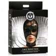 Master Series Lace Seduction Bondage Hood Black packaging showing a model wearing the hood with lace design.