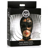 Master Series Lace Seduction Bondage Hood Black packaging showing a model wearing the hood with lace design.