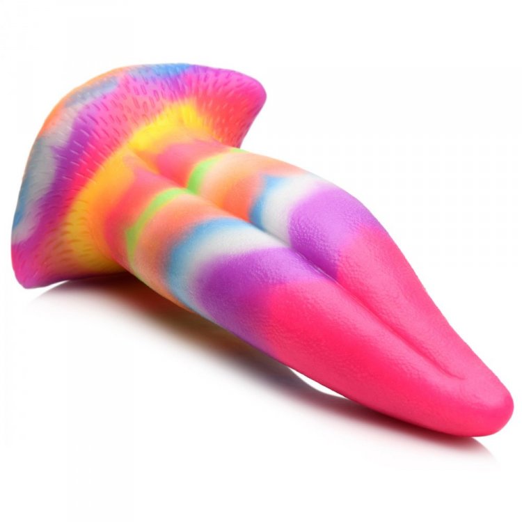 Creature Cocks Unicorn Kiss Glow In The Dark Tongue Dildo in vibrant rainbow colors and unique curved shape.