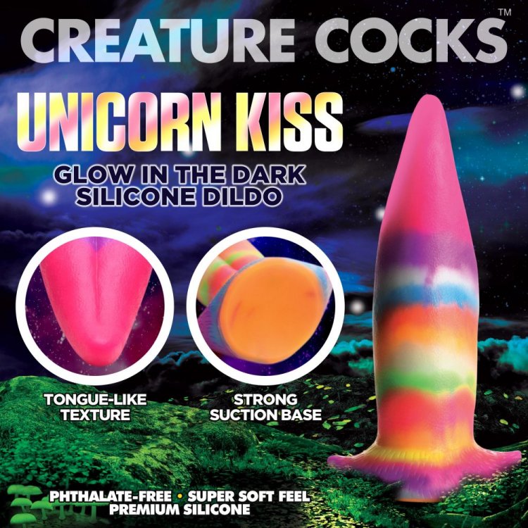 Creature Cocks Unicorn Kiss Glow In The Dark Tongue Dildo with tongue-like texture and strong suction base.