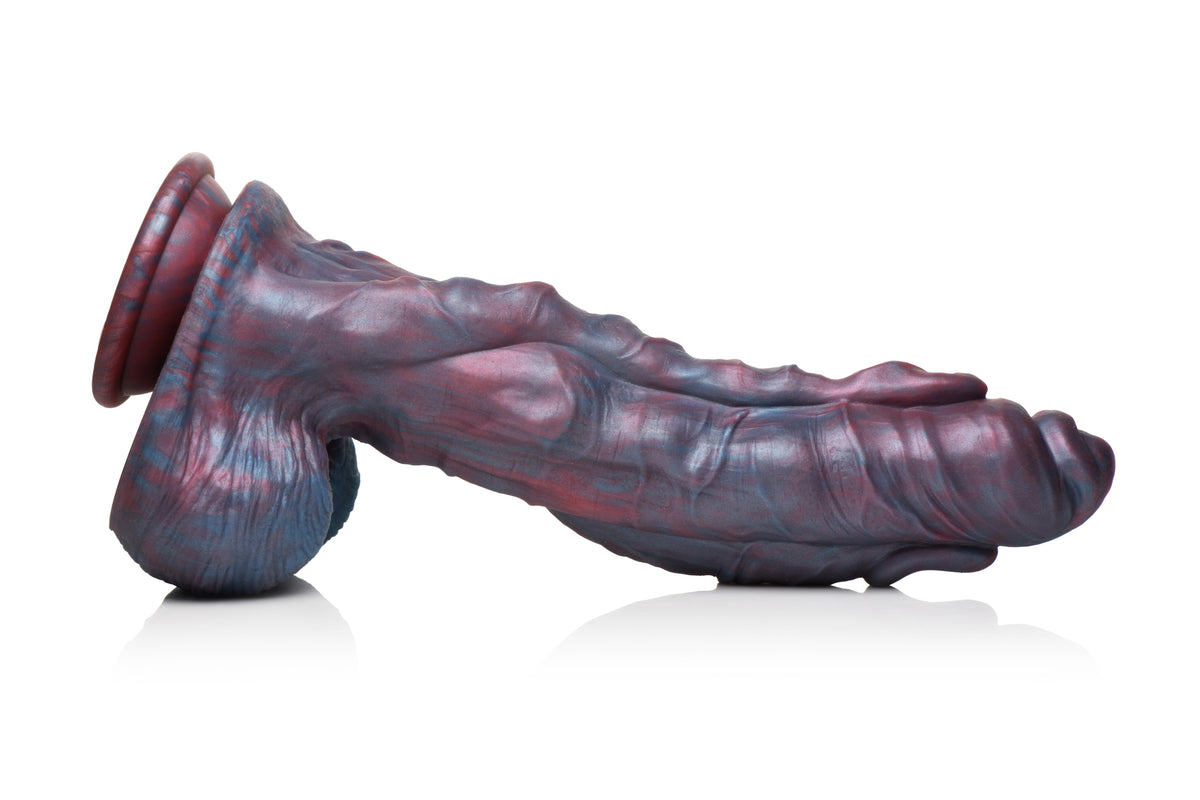 Creature Cocks Hydra Sea Monster Silicone Dildo in striking dark blue and red swirl colors.
