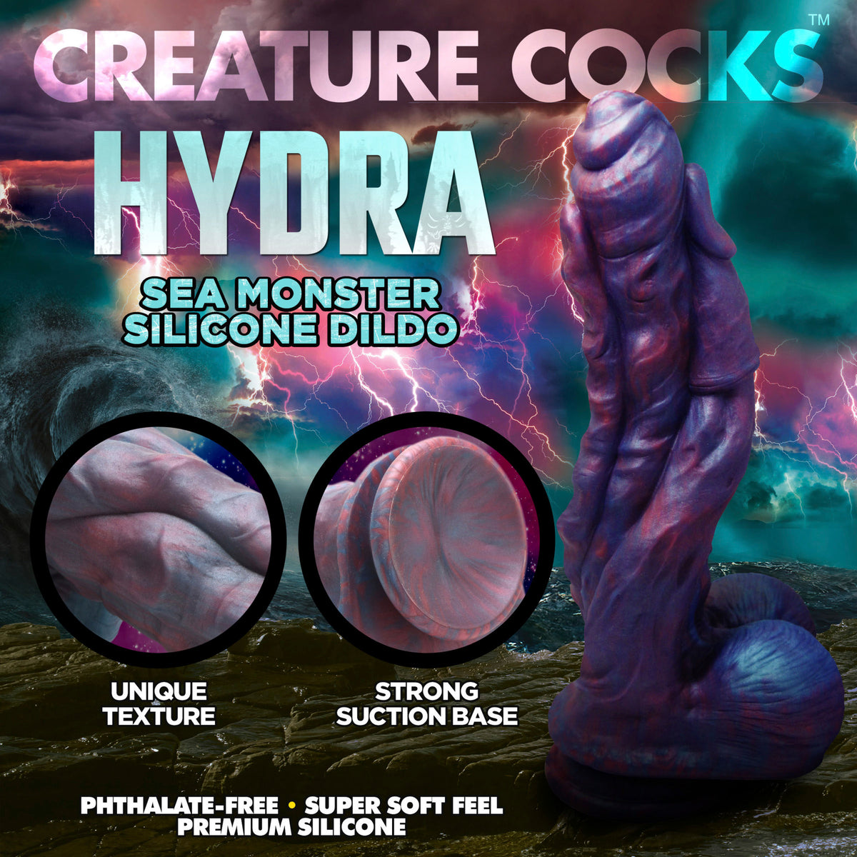 Creature Cocks Hydra Sea Monster Silicone Dildo with unique texture and strong suction base in striking colors.