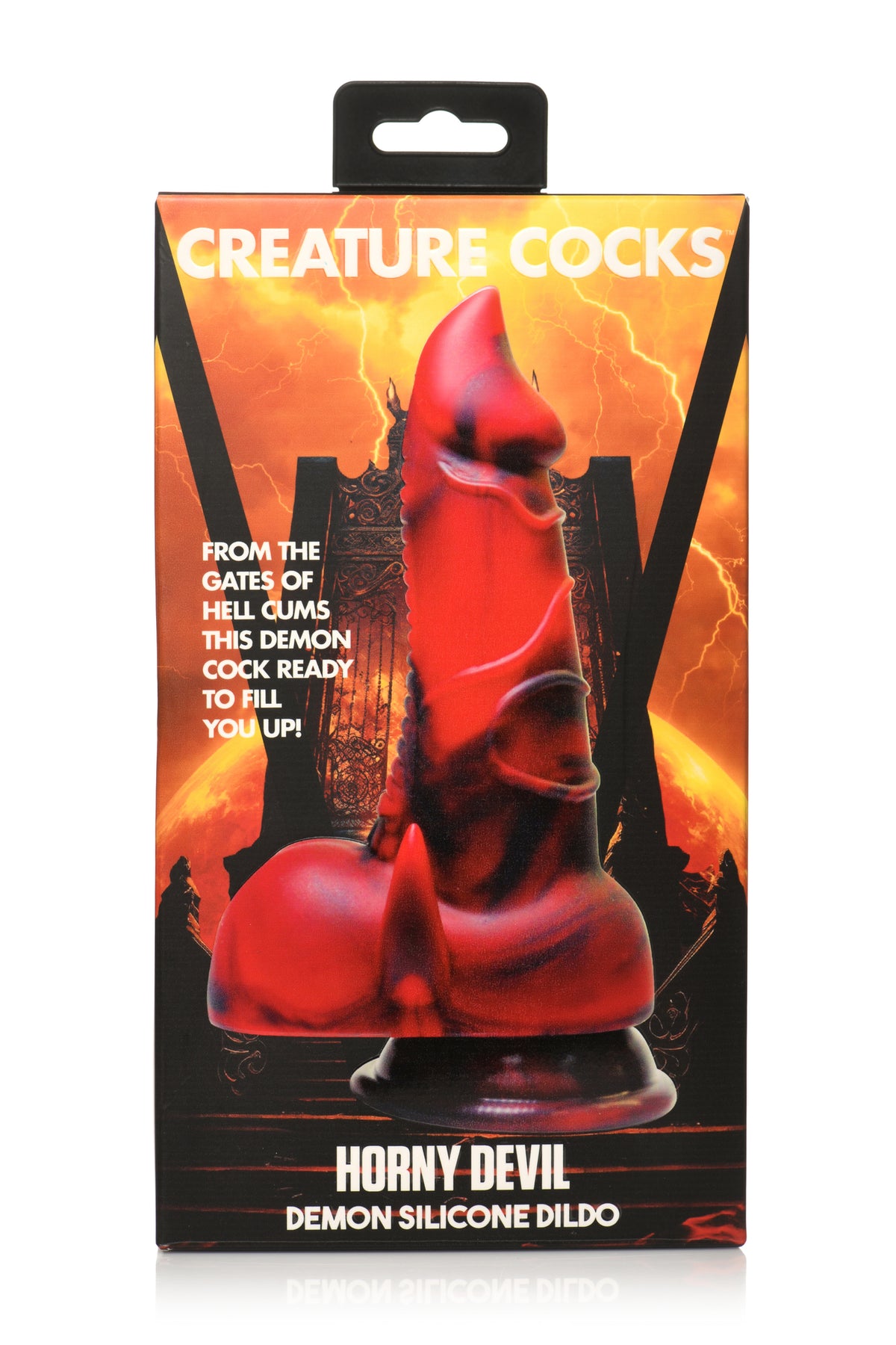 Creature Cocks Horny Devil Demon Silicone Dildo packaging featuring a bold red and black design.