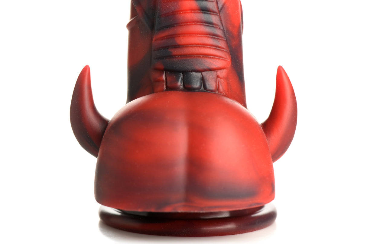 Creature Cocks Horny Devil Demon Silicone Dildo showcasing its striking red design and curved horns.