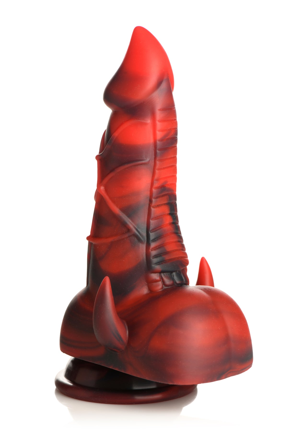 Creature Cocks Horny Devil Demon Silicone Dildo in bold red and black design with horns and a textured surface.