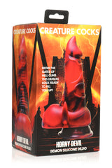 Creature Cocks Horny Devil Demon Silicone Dildo packaging featuring vivid red and black design with demonic elements.