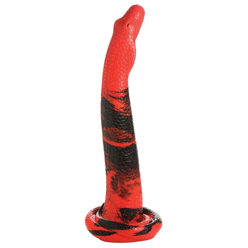 Creature Cocks King Cobra Long Silicone Dong 14 inches, textured red and black serpent dildo for deep exploration.