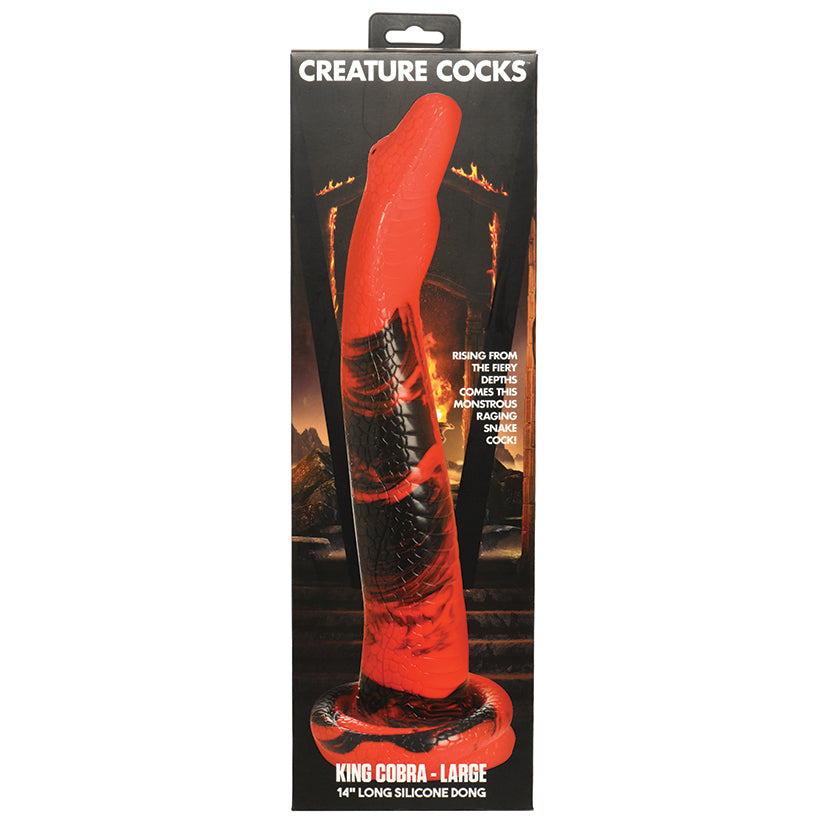 Creature Cocks King Cobra Long Silicone Dong 14 inches displayed in packaging with vibrant colors and detailed textures.