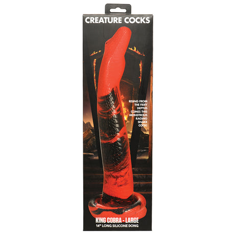 Creature Cocks King Cobra Long Silicone Dong 14 inches displayed in packaging with vibrant colors and detailed textures.
