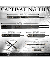 Master Series Tied Temptress Thigh Harness Hog Tie Black product dimensions and specifications infographic