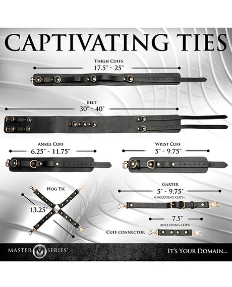 Master Series Tied Temptress Thigh Harness Hog Tie Black product dimensions and specifications infographic