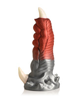Creature Cocks Talon Fantasy Silicone Dildo with red, silver, and white finish, featuring ribbed texture and tapered talons.