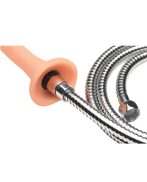 Hosed Silicone Enema Hose 12 Inches Long with flexible silver tubing and smooth pink handle.