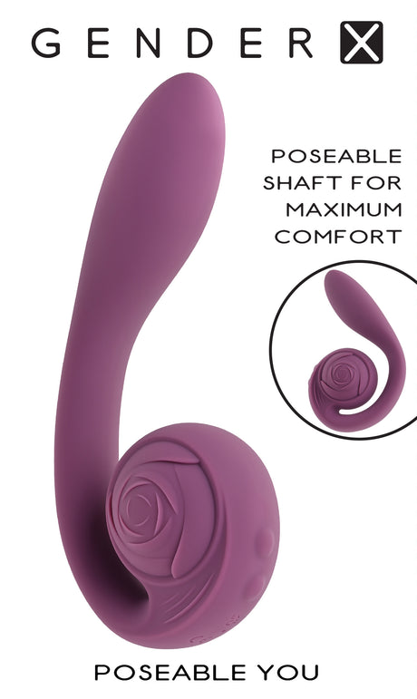 Gender X Poseable You Vibrator Purple showcasing poseable shaft and rose-like texture for maximum comfort.