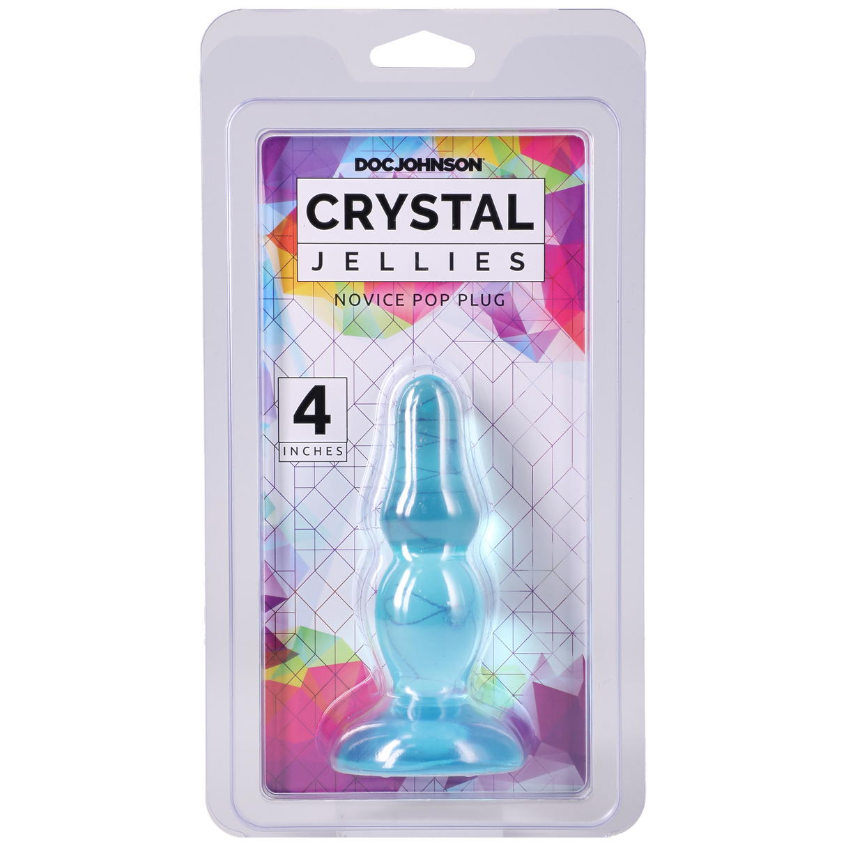 Crystal Jellies Novice Pop Plug 4 Inch Teal packaging featuring a beginner-friendly anal plug in a colorful box.
