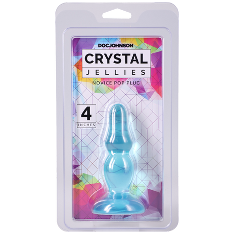 Crystal Jellies Novice Pop Plug 4 Inch Teal packaging featuring a beginner-friendly anal plug in a colorful box.