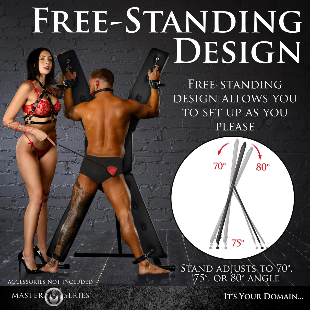Master Series St Andrew's Cross Deluxe Black features a free-standing design for customized setup and angled adjustments.