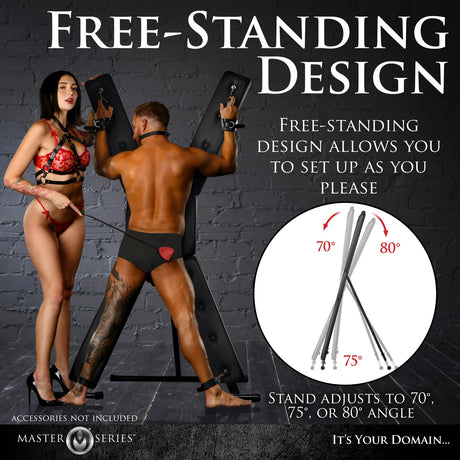 Master Series St Andrew's Cross Deluxe Black features a free-standing design for customized setup and angled adjustments.