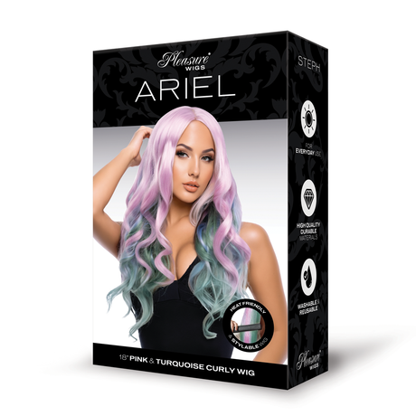 Xgen Ariel Premium Stylable Wig Pink and Turquoise packaging showcasing vibrant pink and turquoise curly wig.