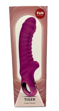 Fun Factory Tiger Vibrator Magenta in packaging displaying its curved tip and textured shaft for G-spot stimulation.