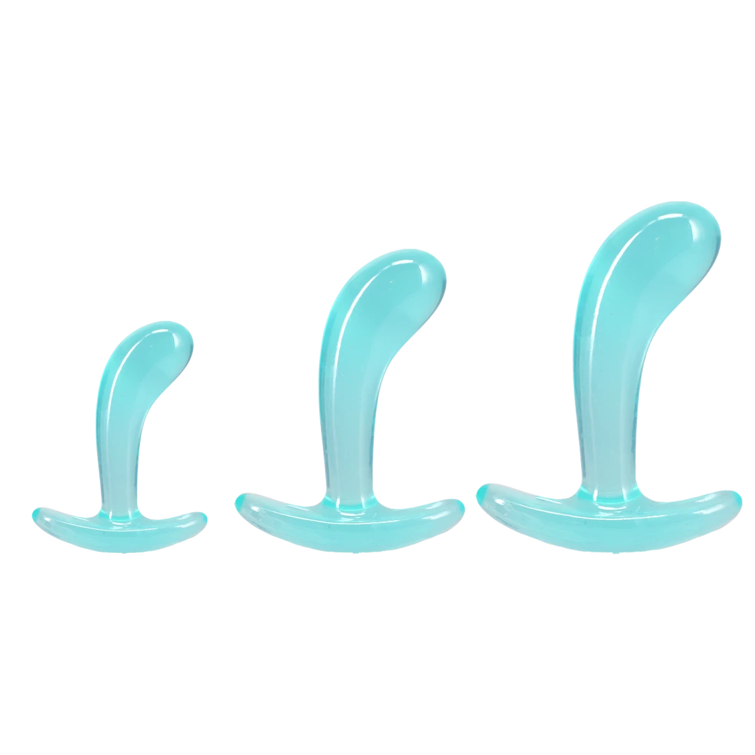 Crystal Jellies Curved Anal Trainer Set Teal showcasing three sizes for gradual anal training.