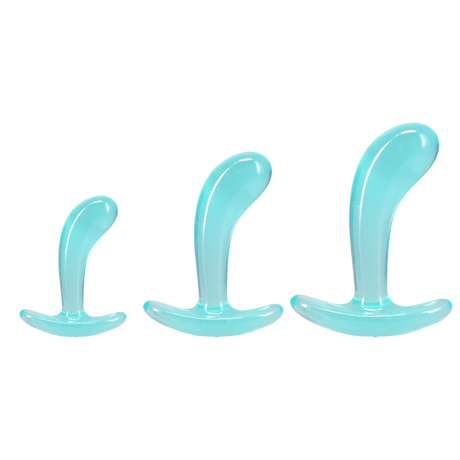 Crystal Jellies Curved Anal Trainer Set Teal showcasing three sizes for gradual anal training.