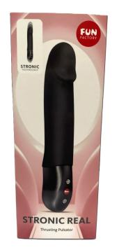 Fun Factory Stronic Real Thrusting Pulsator Black in packaging, showcasing its sleek design and ergonomic shape.