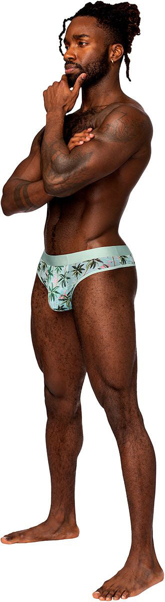 Male Power Sheer Print Sheer Thong L/XL Flamingo model showcasing side view, highlighting comfort and style.