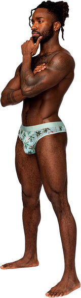Male Power Sheer Print Sheer Thong L/XL Flamingo model showcasing side view, highlighting comfort and style.