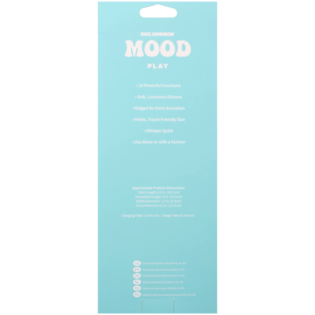 Mood Play Mini Power Vibe Purple packaging features 10 functions, soft silicone, and travel-friendly design.