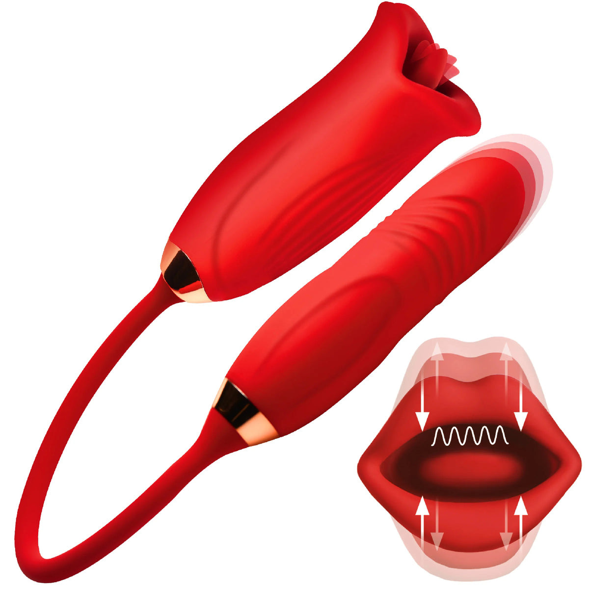 Magic Kiss Clitoral Stimulator Thrusting Vibrator Red, featuring a kissing clitoral mouth and thrusting bullet design.