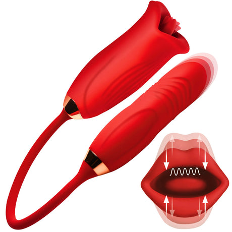 Magic Kiss Clitoral Stimulator Thrusting Vibrator Red, featuring a kissing clitoral mouth and thrusting bullet design.