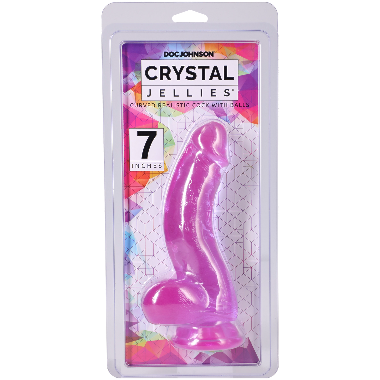 Crystal Jellies Curved Cock With Balls 7 Inch Purple in packaging by Doc Johnson, showcasing its realistic design.
